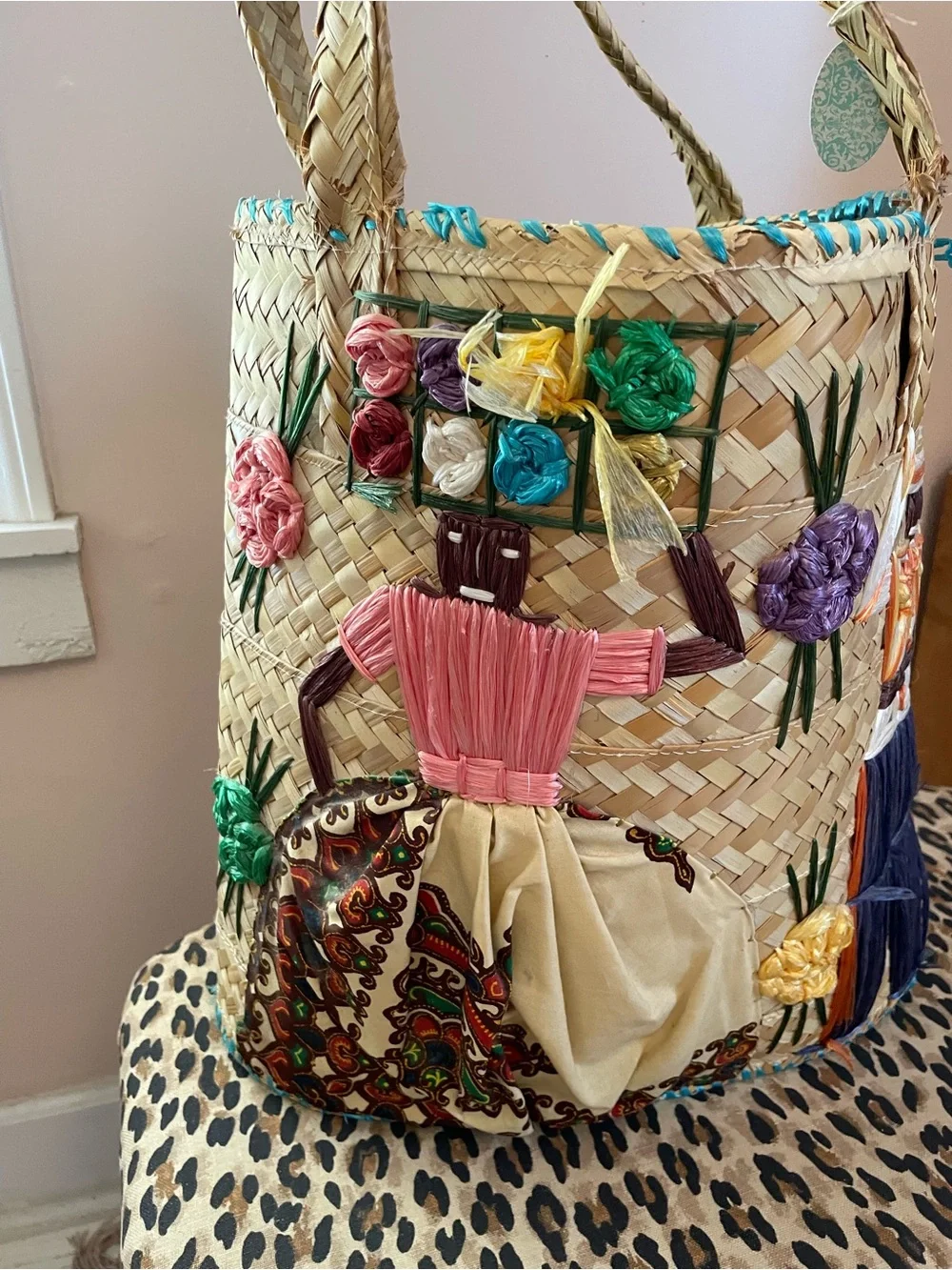 Embroidered Straw Vintage Tote Bag in Natural with Multicolor Accents